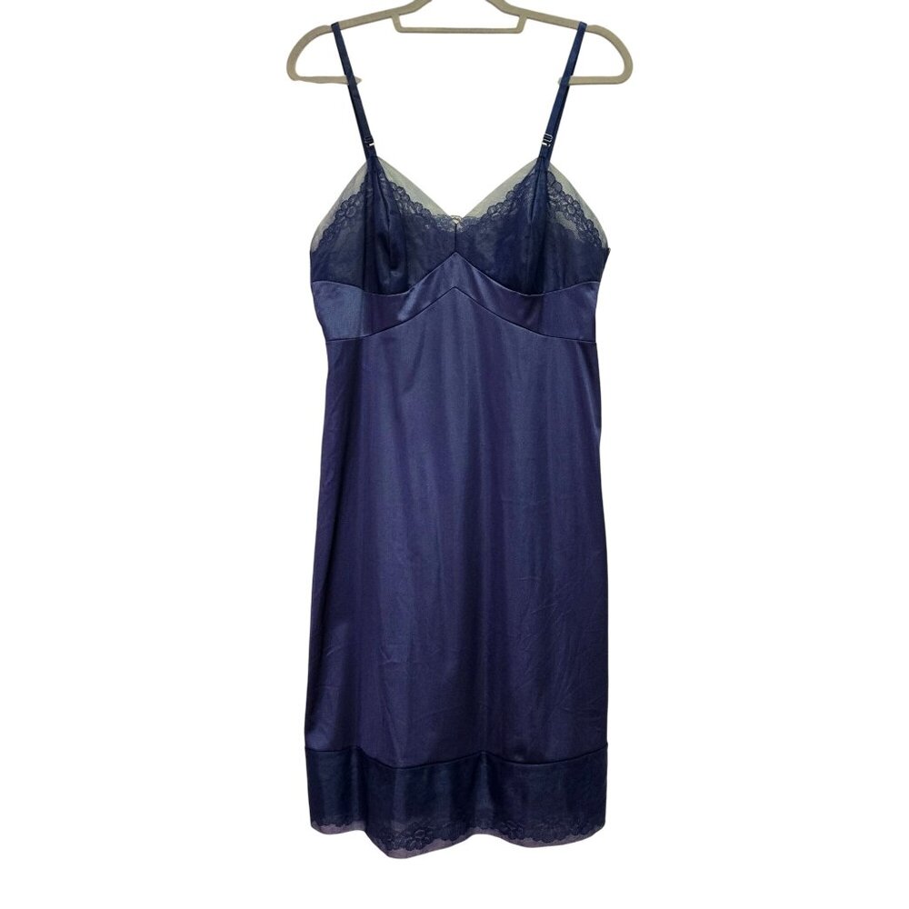 Vintage Navy Blue Lace Trim‎ Satin Slip Gown Nightgown Adjustable Straps S